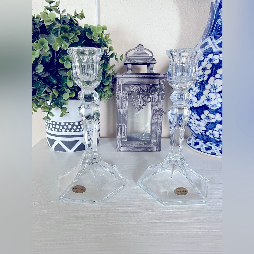 Set Of 2 Vintage Teleflora TULIP Crystal Candlestick Holders Made in France